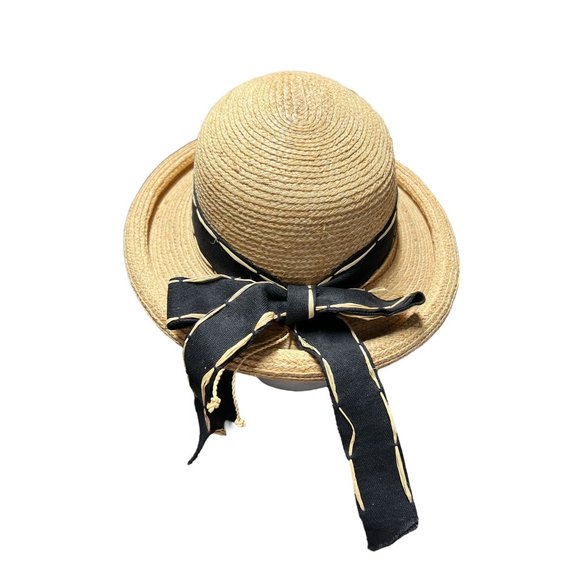 Callanan Rolled Edge Raffia Straw Sun Hat Black Band Bow Vacation Cruise READ main image 6